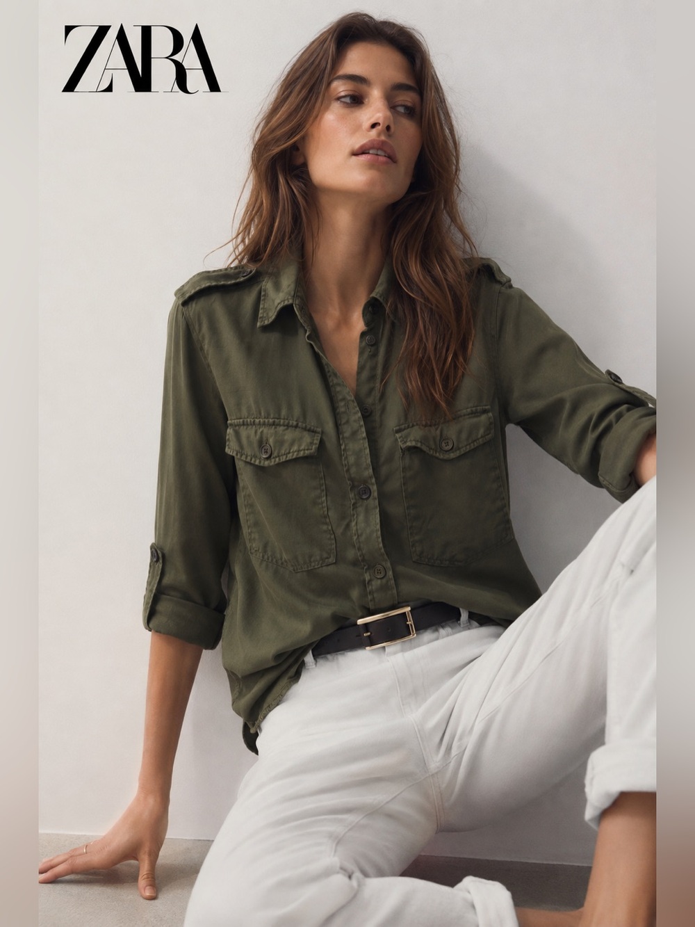 ✨ Zara Woman Premium Denim Collection Olive Utility Button-Up Shirt Size L